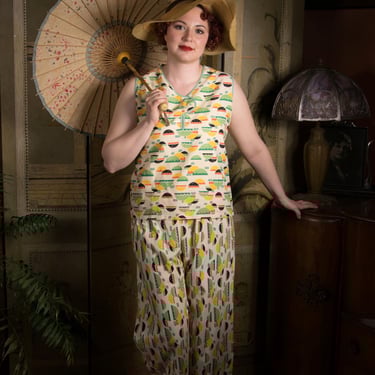 RARE 1920s Beach Pajamas in Colorful Art Deco Print Cotton Two Piece Pantsuit with Sleeveless Top 