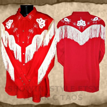 H Bar C, California Ranchwear, Vintage Western Red Taos Men's Cowboy, Rodeo Shirt, Fringe & Rhinestones, Approx. XXLarge (see meas. photo) 