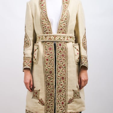 1960s Off White Embroidered Metallic Boho Wool Coat