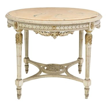 Vintage French Louis XVI Style Carved Painted Parcel Gilt Center Table with Round Marble Top 