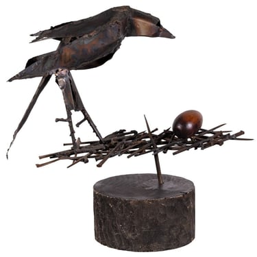 Rare Ron Schmidt Brutalist Metal Bird Sculpture on Nest of Nails 
