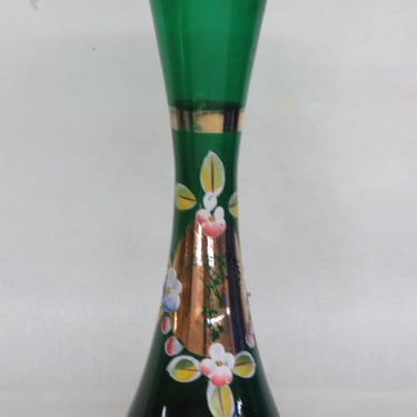 Emerald Green and Gold Hand Painted Flowers Bohemian Glass Bud Vase 3009B