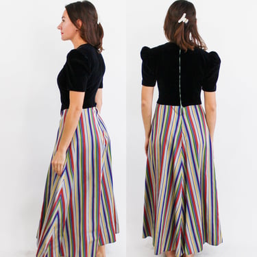 1940s Rainbow Striped Evening Dress | 40s Black Velvet & Taffeta Stripes Gown | Small 