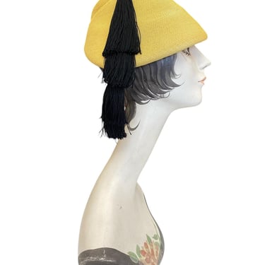 vintage 1940s yellow straw turban style hat with tassels, 40s millinery fashion 