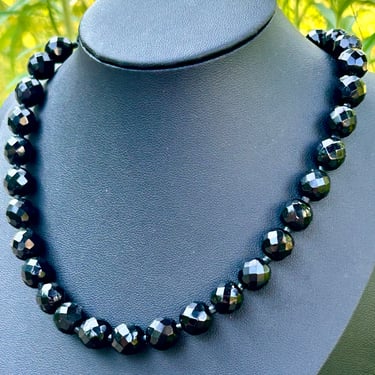 Vintage Faceted Black Glass Bead Necklace Beaded Choker Retro Fashion Jewelry 