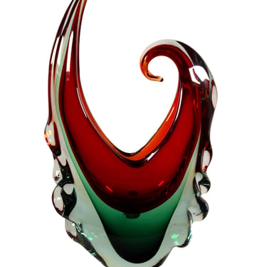 Modern Murano Handblown Glass Green and Red Abstracted Sculpture 