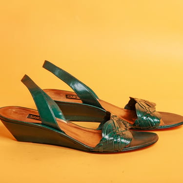 80s Dark Hunter Green Braided Sandals Vintage Leather Wedges 