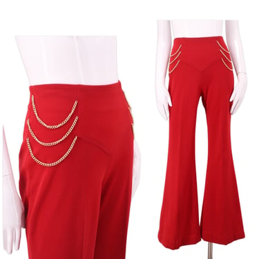 70s FREDERICKS OF HOLLYWOOD bell bottoms 26  / vintage 1970s red poly knit bells flares pants 6-8 
