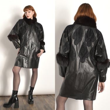Vintage 1980s Jacket / 80s Leather Jacket With Fur Trim / Black ( S M L ) 
