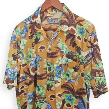 Hang Ten shirt / Hawaiian shirt / 1970s Hang Ten Hibiscus Palm Tree Aloha shirt short sleeve Large 