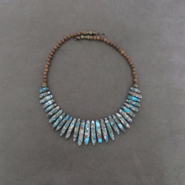 Blue bib necklace, statement necklace, bold mosaic necklace, natural stone necklace, exotic necklace, tribal ethnic necklace, primitive 