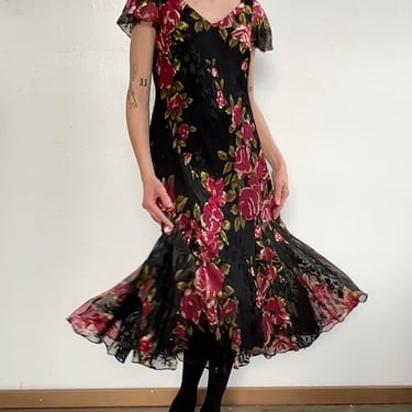 Rose Print Burnout Silk Velvet Midi Dress (S/M)