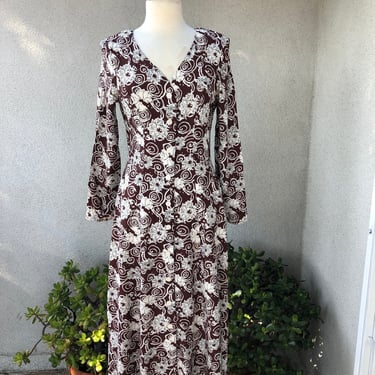 Vintage boho dress ties crisscross back white brown floral by Sequel sz 8. 100% Rayon 