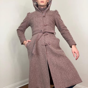 Late 70s hooded mauve princess coat with plaid trim 