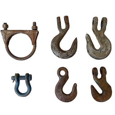 Vintage industrial salvage collection, rusty hooks, anchor shackle & clamp, Reclaimed steampunk art supply 