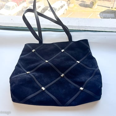 Ferragamo | 1980s Black Suede Leather Tote Bag | 80s Black Leather Shoulder Bag | Ferragamo 