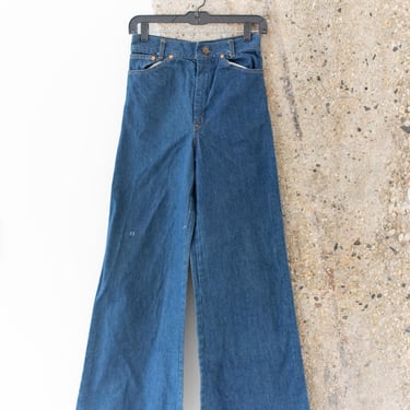 Vintage 25 Waist Navy Blue Denim Wide Leg Jeans | YOUTH STUDENT 70s Seafarer Made in USA High Rise Sailor Pants | 