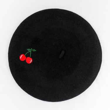 Embroidered Cherry Black Beret 