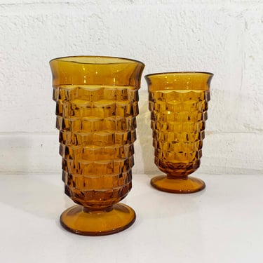 Vintage Iced Tea Glasses Set of 2 Indiana Glass Whitehall Pattern Amber Yellow Orange Highball Wine Goblet Water 1960s 