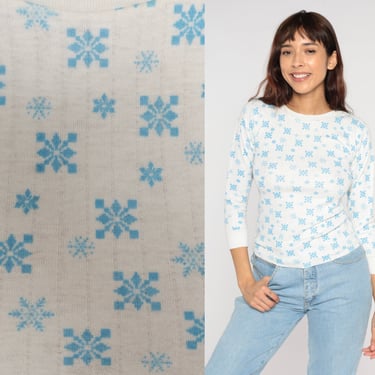 White Snowflake Shirt 80s Long Sleeve Thermal Shirt Ringer Tee Fall Winter Undershirt Tee Blue Pattern Retro Basic Plain Vintage 1980s Small 