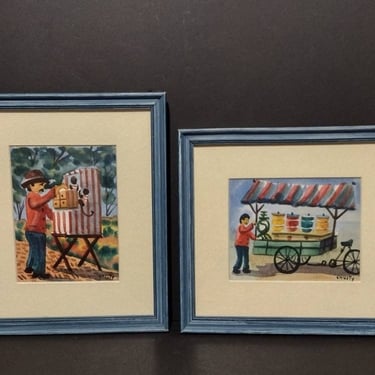 Vintage Signed Watercolor Hispanic Folk Art Street Vendor Market Scenes 9x10 
