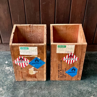 Vintage Dangerous Chemical Crates Wooden Cases Cleaned Mid-Century Graphic Labels Industrial 