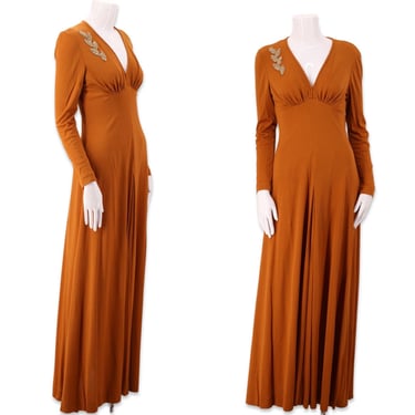 70s FUNKY jersey maxi dress, vintage 1970s copper disco dress, Studio 54 party gown M 8 