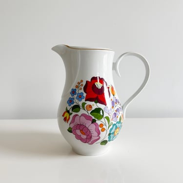 Kalocsa Porcelain Colorful Hand-Painted Floral Water Pitcher Hungary Vintage 