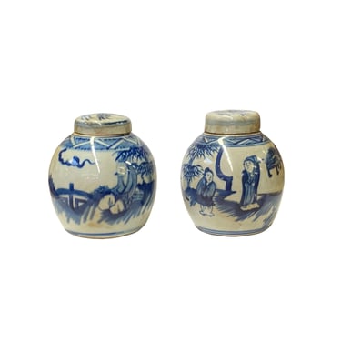 Pair Blue White Mini Oriental People Tree Porcelain Ginger Jars ws1970E 