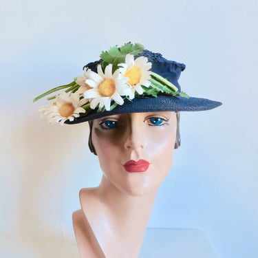 1950's Navy Blue Crochet Crown and Floppy Straw Brimmed Hat Daisies Trim 50's Spring Summer Millinery Alicia for Bonwit Teller 