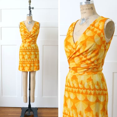 vintage 1960s orange & yellow dress • bright psychedelic op art print sleeveless wrap dress 