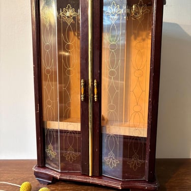 Vintage Tall Wooden Jewelry Box Mini Armoire | Gold Etch Folded Acrylic Door | Necklace Swivel Carousel | Bracelet Ring Countertop Organizer 