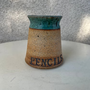 Vintage studio art Pottery Pencils cup blue brown tones signed Squire Size 4 1/4” x 3-3.5” 