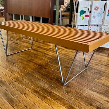 Vintage Mid Century Slat Bench/Coffee Table with natural steel frame