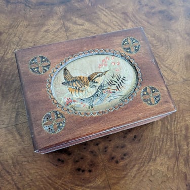 Vintage Polish Handcarved Wood Embroidered Bird Wooden Jewelry Box 