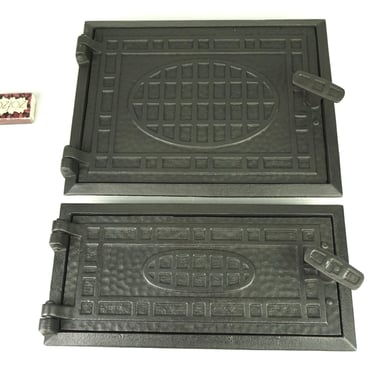 Pair cast iron oven doors, set iron stove door, rusty stove part,  antique furnace, cast iron salvage front panel, vintage metal door 