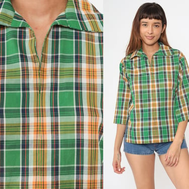 Green Checkered Shirt 70s Plaid Blouse Yellow Hippie Tunic Top Boho Plaid Shirt 1970s Vintage 3/4 Sleeve Small 