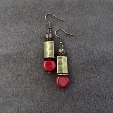 Bronze earrings, ethnic ceramic earrings, mid century modern earrings, unique Art Deco earrings, bohemian boho earrings, hammered metal 