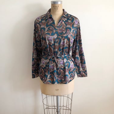 Teal and Brown Floral Print Blouse with Tie - 1970s 