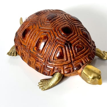 Vintage Mid Century Modern Carved Wood and Brass Turtle Tortoise Sculpture by Sarreid Ltd Italy 1970s 