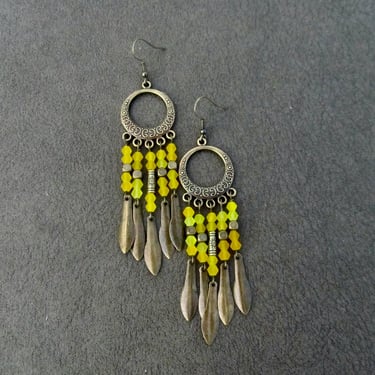 Bronze and yellow frosted glass chandelier earrings 