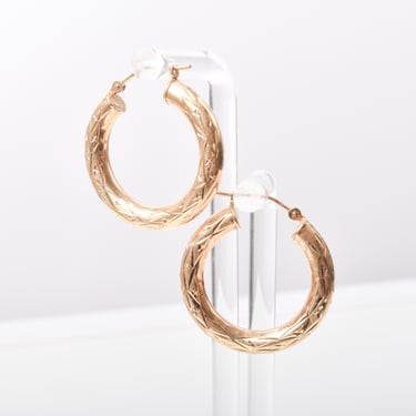 Vintage Engraved 14K Gold Hoop Earrings, Hollow Gold Hoop Earrings, Etched Hoops 