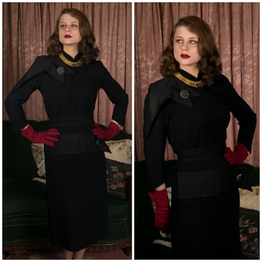 1940s Dress - Dramatic Black Rayon 40s Dress from Mademoiselle Juliette with Faille Shoulder and Hip Details 