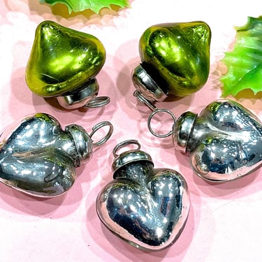 VINTAGE: 5pcs - Small Mercury Glass Heart Ornaments - Heart Pendants - Kugel Style Christmas Ornaments 