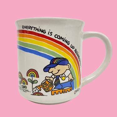 Vintage Rainbow Mug Retro 1980s Everythings Is Coming Up Rainbows + Ozzie Cartoon + W. Berrie + White + Ceramic + Positive Outlook + Kitchen 