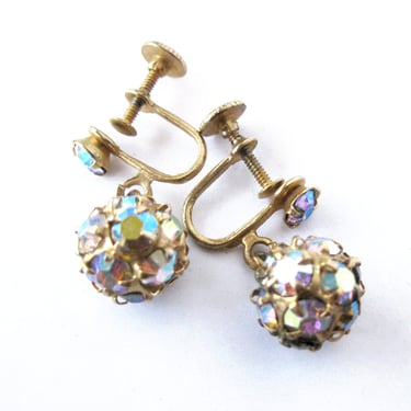 Vintage Aurora Borealis Rhinestone Earrings / Screw Back Earrings / Prong Set Stones / Disco Ball Drop Earrings / Glamour Girl Prom Jewelry 