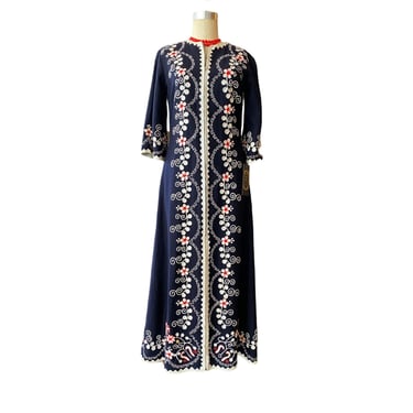 1960s embroidered kaftan, navy blue wool, novelty print, vintage maxi dress, hippie style, zip front, 70s loungewear, medium, 28 