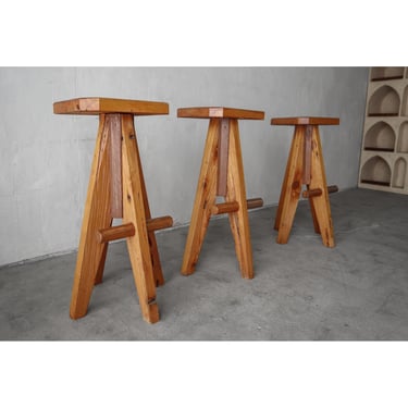 Set of 3 1970s Scandinavian Rustic Pine Stools 