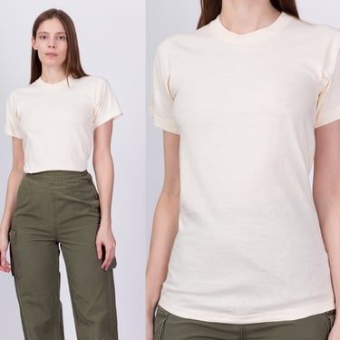 XS 90s Cotton Crew Neck Tee | Vintage Unisex Plain Off-White Short Sleeve T Shirt 