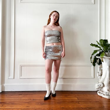 1970s Mirrored Silver Sequined Mini Skirt Tube Top 